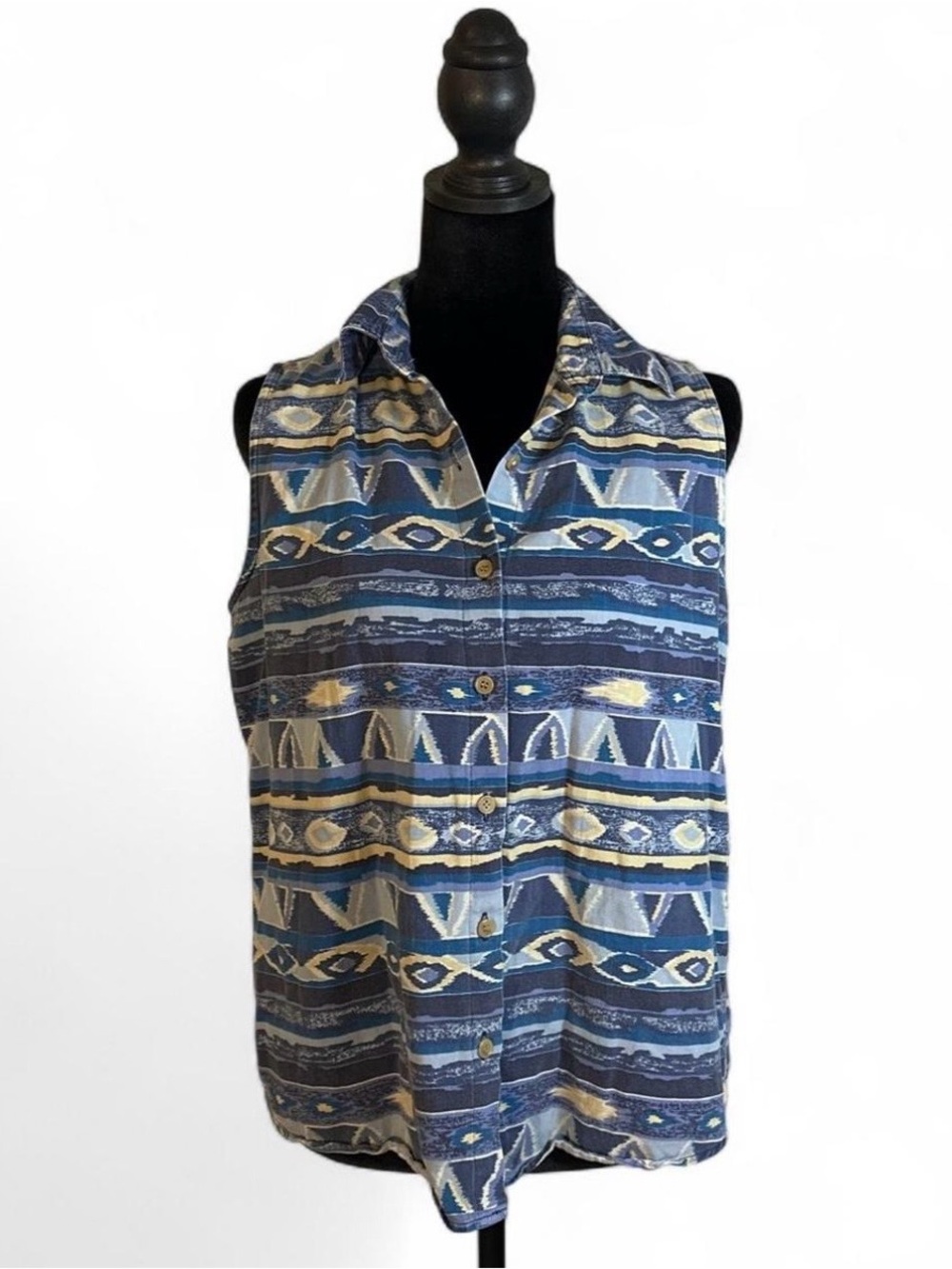 90s Vintage Red Rover Blue & Cream Southwestern/Aztec Inspired Patterned Polo